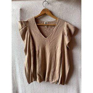Anne Klein Ribbed Tan V-Neck Sweater Ruffled Pointy Shoulders Long Sleeve Size L